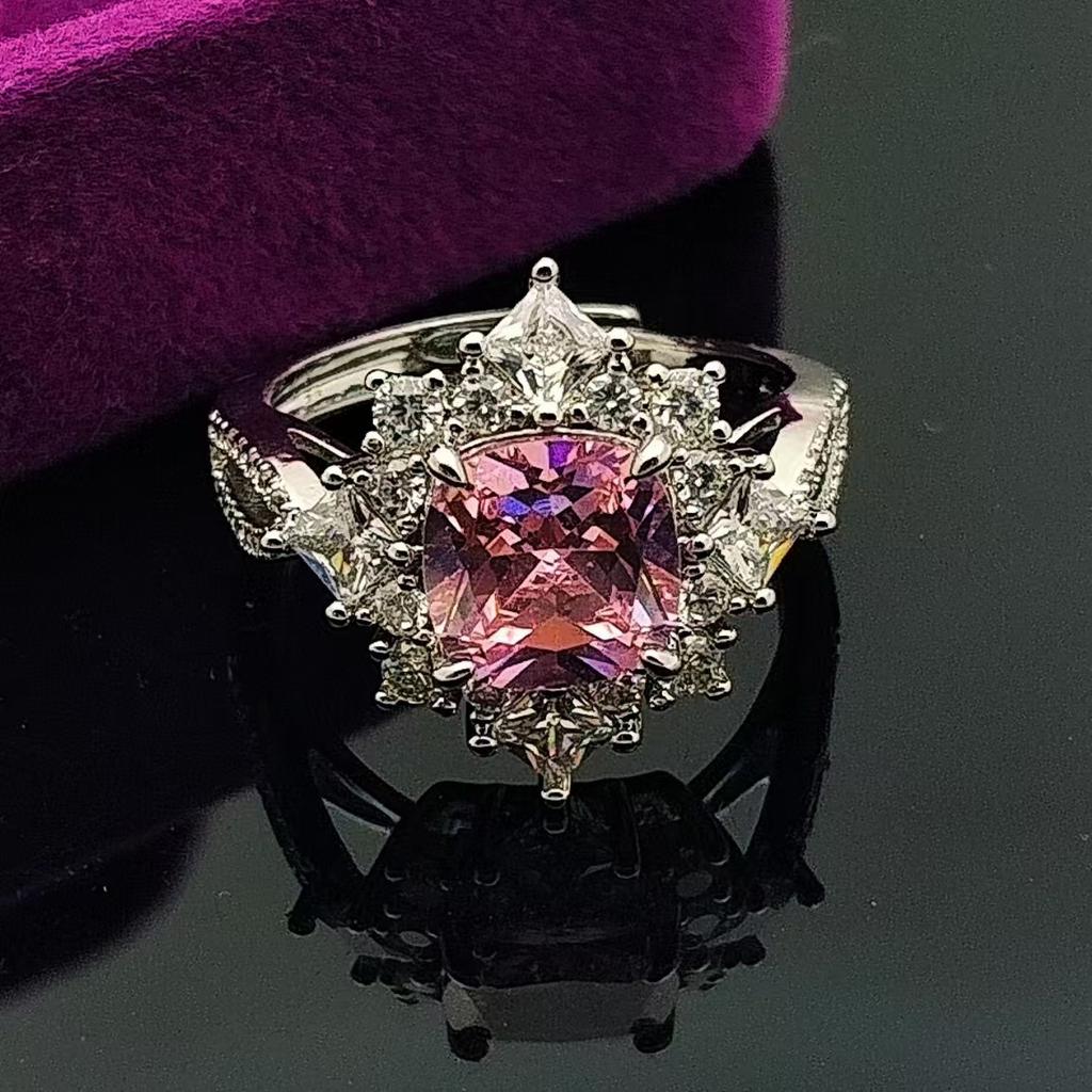 The Same Imitation Large Carat Pink Diamond Ring Women'S Fashion 8 * 8 Fat Square High Carbon Diamond Open Ring