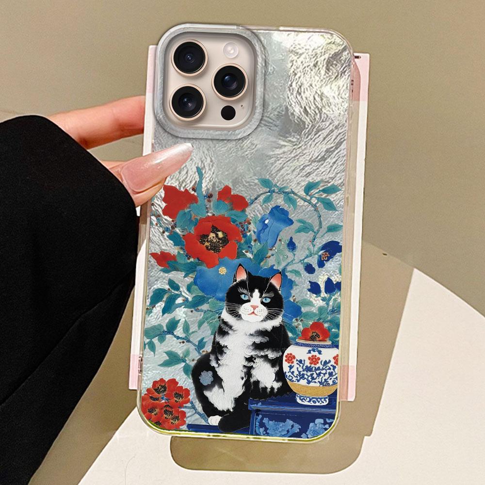 

Роскошный чехол для телефона с текстурой ледника и цветком черной кошки для iPhone 16 15 14 7 8 Plus 13 Pro Max X XS XR SE 2022, силиконовая задняя крышка iPhone 16 Plus белый