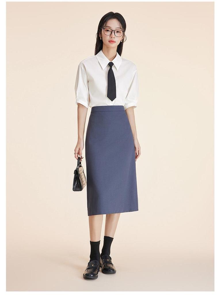 Women's Short-Sleeve White Wrinkle-Resistant Professional Shirt and Suit Dress Set for Work or Interviews