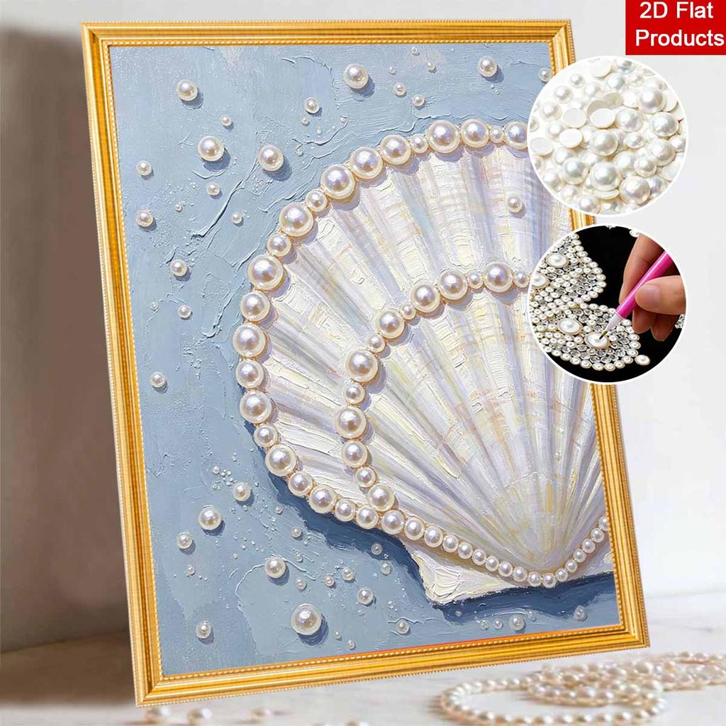 Elegant Seashell with Pearls 5D Pearl Painting Kit with Frame DIY Sparkling Bead Canvas Art Relaxing Craft for Home Wall Decor