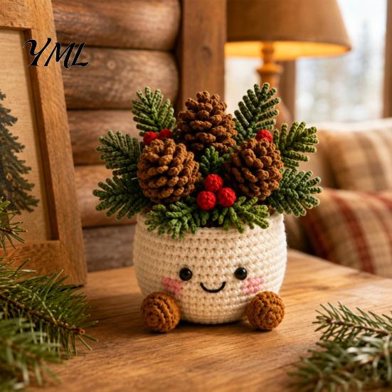 Decorative Yarn Craft for Home Simulated Crochet Christmas Potted Decor, Knitted Mini Artificial Tree Flower Durable Plants Ornament, Cute Festive