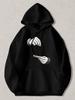 Black Music-Themed Hooded Sweatshirt - Vinyl Record & Musical Notes Graphic Pullover Hoodie Regular Fit Streetwear Hoodie Suitable