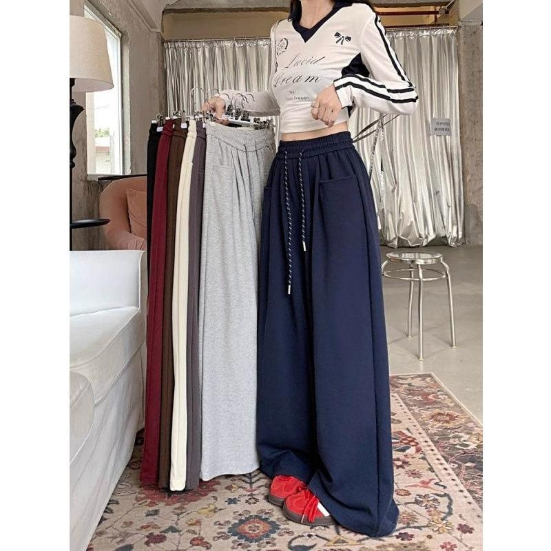 New solid color wide-leg pants, loose and drapey casual long pants for women, autumn drawstring straight pants