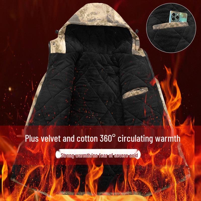 Men's Winter Camouflage Cotton Jacket & Work Clothes Set, Warm & Thickened with Velvet, Cold and Labor Protection.