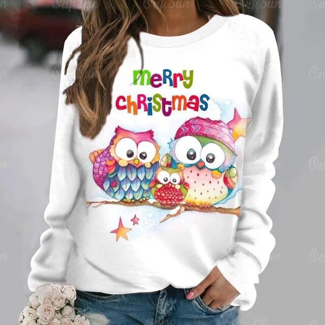 Autumn Fashion Long Sleeve T-Shirt Popular Women's Kawaii Owl Print Tees Aesthetics Round Neck Female Clothing Casual Street Top