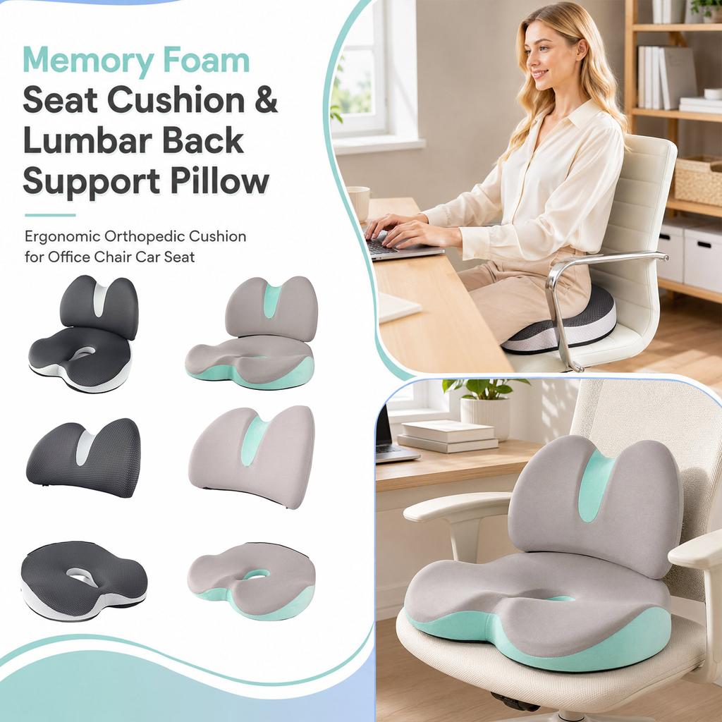 Ergonomic Lumbar Support Cushion and Cushion Set for Chair - Memory Foam Back with Hip Pad for Comfort and Posture Support
