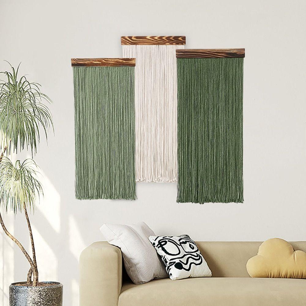 Hand-Woven Curtain Tapestry Wooden Cotton Rope Tapestry Boho Decor Wall Hanging Tapestry  Apartment