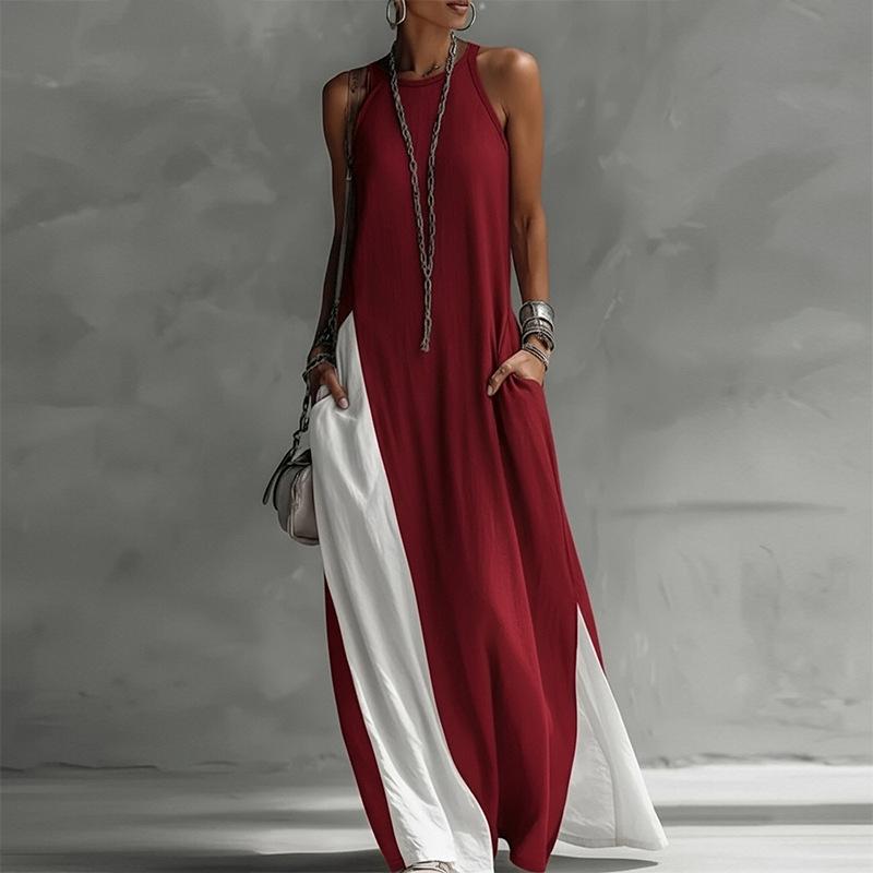 Spring New Women's Clothing, European and American, Fashionable and Elegant Color Contrasting Neck Sleeveless Dress