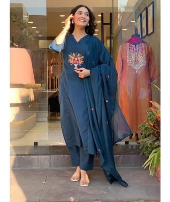 Beautiful Designer Cotton Kurta Pant Dupatta Set Women Bollywood Top Tunic Salwar Suit Kurti