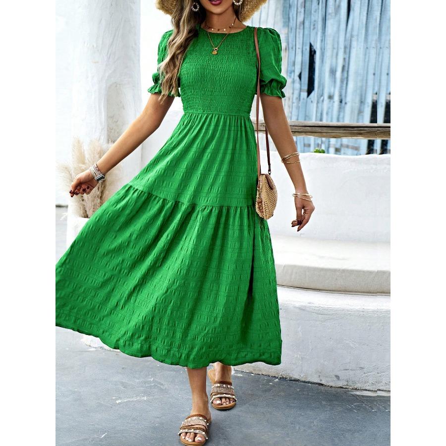 Casual Vacation Style Lotus Leaf Sleeve Cinched Waist Women's Long Dress 2025