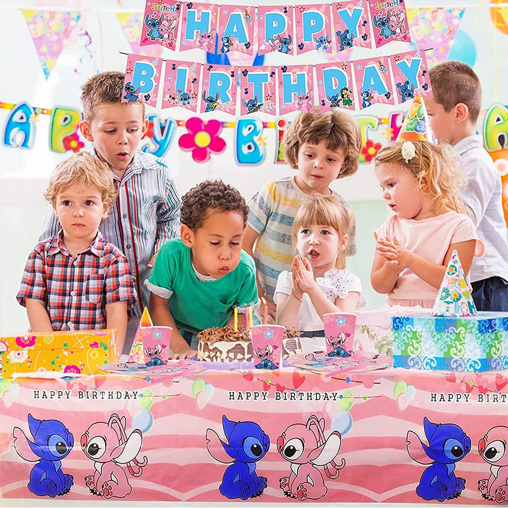 51Pcs Plates Cups Napkins Tablecloths for Pink Stitch Theme Party Birthday Decor
