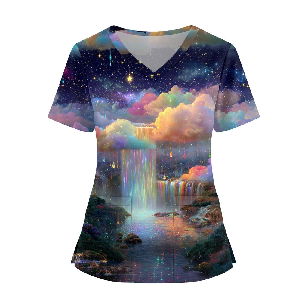 Women's Fashion V,Neck Short Sleeve Overalls With Pockets  Print Tops  Clothes
