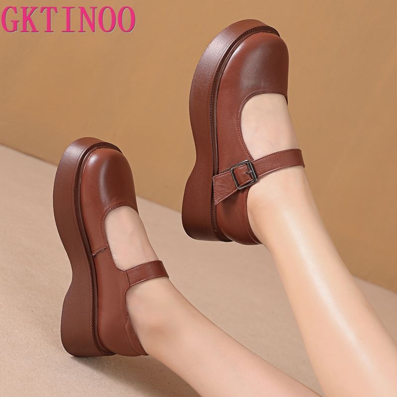 Fashion GKTINOO Women Shoes Flat Platform Cow Leather Mary Janes Round Toe Buckle Strap Ladies Daily Flat Shoes Handmade Large Size