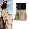 Summer New Women Clothes With Belt Pleated Round Neck Sleeveless with Shoulder Pad Patchwork Dress 0387052