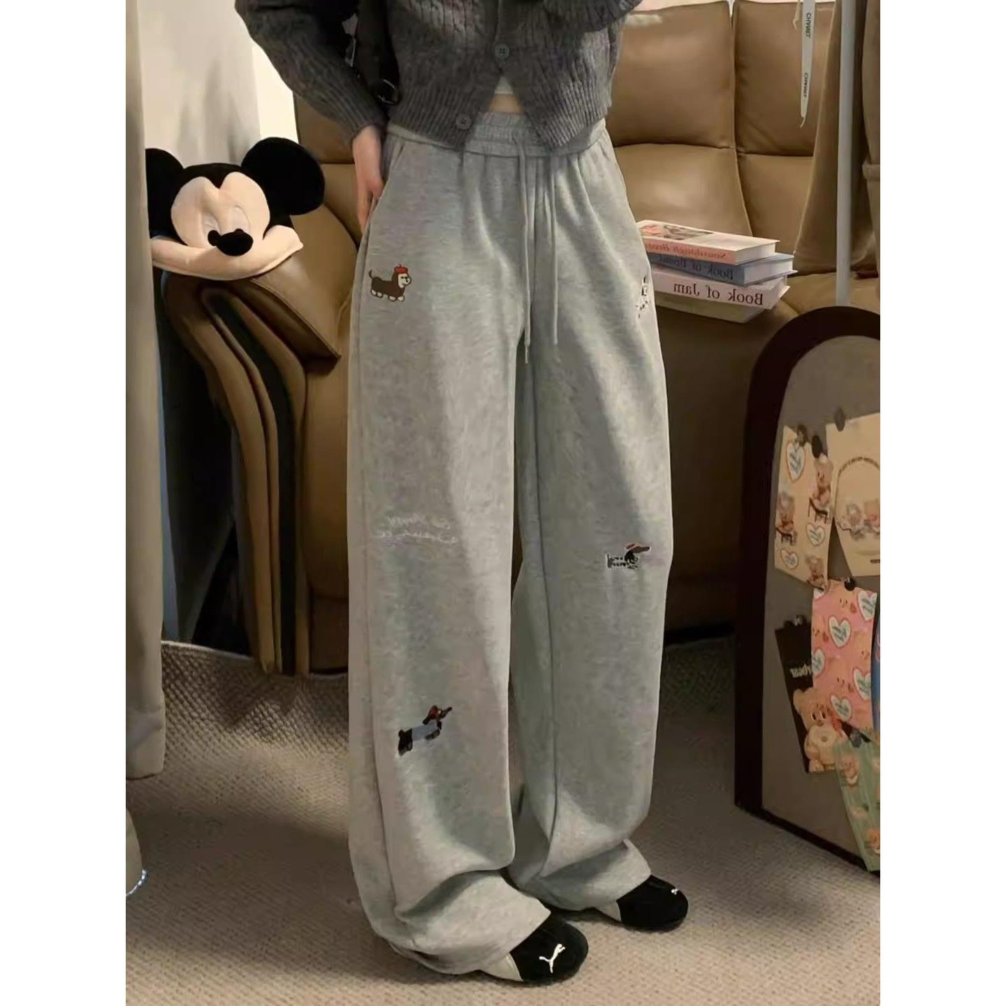 

Girls High Waist Wide Leg Embroidered Casual Pants - Loose Fit, Floor Length, Spring/Autumn S Recommended 89-97 Jin