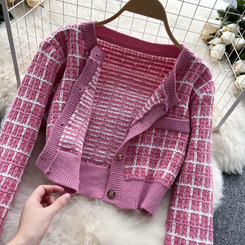 Süßes Mädchen Elegantes gestricktes 3-teiliges Set für Frauen Kurze Strickjacke Niedliche Weste Minirock Weiblicher Vintage Hohe Taille Plaid Partyanzug