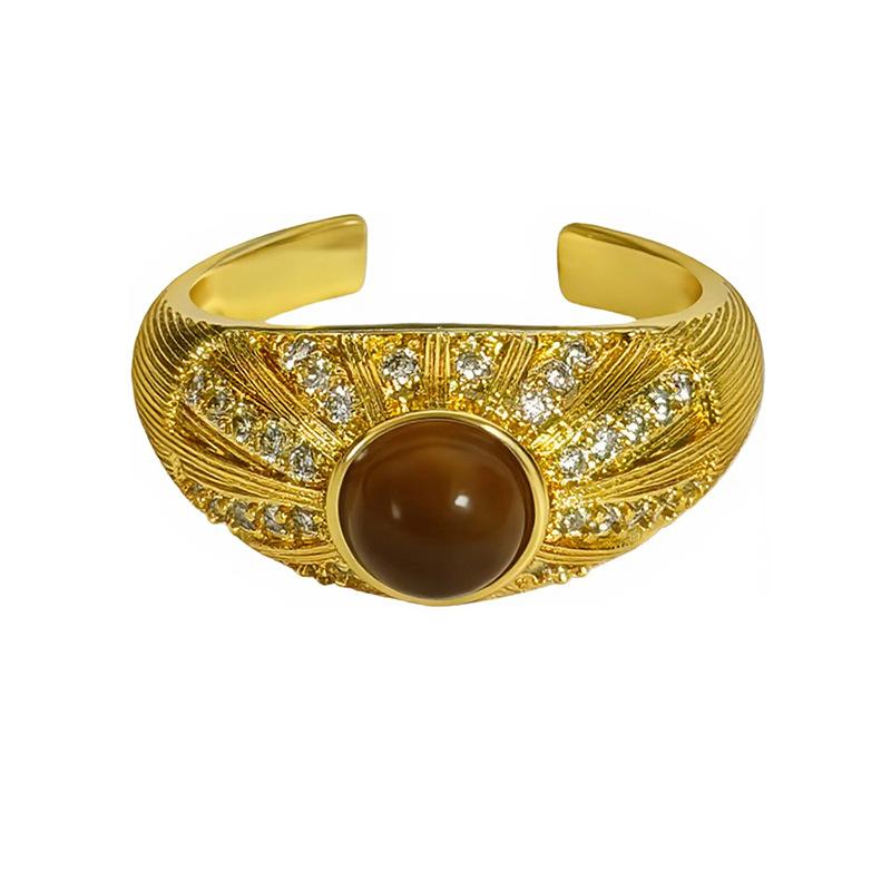 Hochwertiger leichter Luxus Retro Hof Nischen Design Leichter Luxus Imitation Tigerauge Stein Offener Ring Geometrischer Stapelring Frau