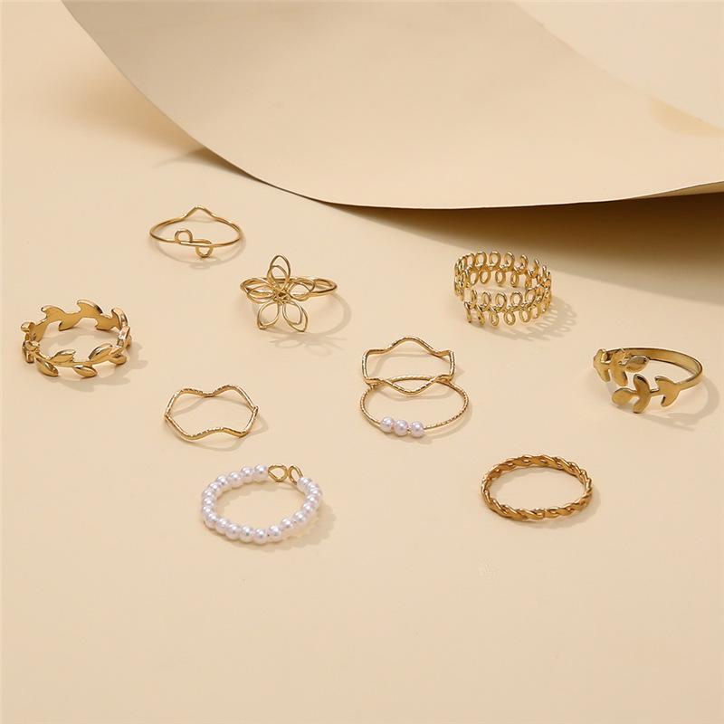 10Pcs Imitation Pearl Leaf Flower Rings Set For Women Rhinestone Butterfly Finger Ring Metal Knuckle Finger Ring Jewelry