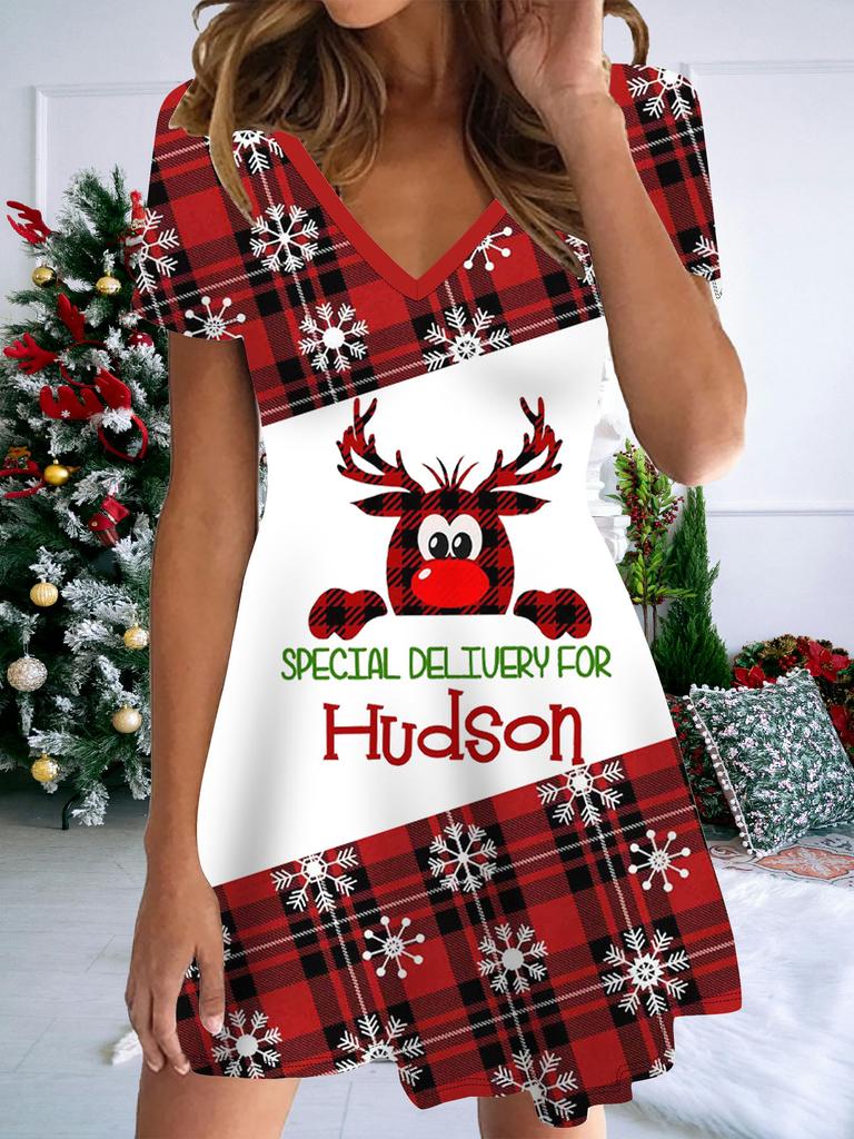 Moda Damska Sukienka z Dekoltem V Krótkim Rękawem Świąteczny Nadruk Bałwana Seksowna Krótka Spódnica Sukienki