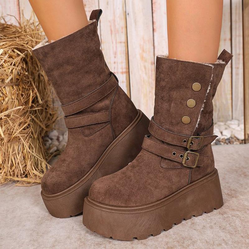 Fashion Brown Chunky Platform Women's Snow Boots Winter Retro Button Buckle Detor Snow Boots Woman Faux Suede Keep Warm Botas Mujer