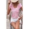 Women Fresh Pastoral Floral Print Back Bow Square Neck Ruffled Short Sleeve Blouse