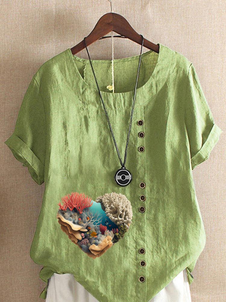 

Women s Fashion Coral Heart-shaped Print Shot Sleeve T-shirt Loose Cotton Shirt Casual Loose Summer Blouse Tops Plus Size 5XL зелений