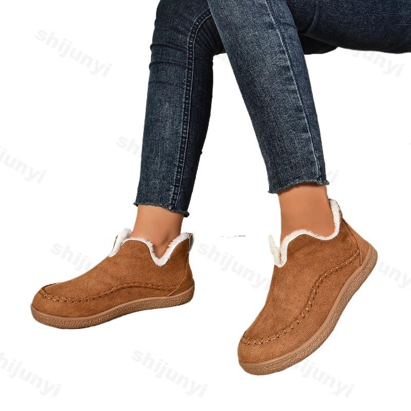 Fashion 2025 Winter New Women's Retro Warm Low Top Casual Cotton Shoes Concise Design Solid Color Comfortable Versatile Plush Flat Shoes