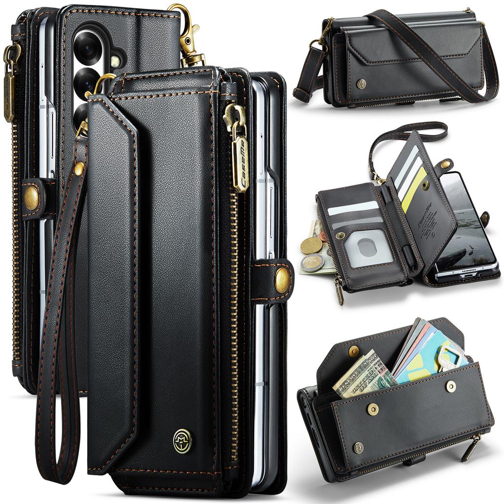 Crossbody Zipper Wallet Case For Samsung Z Fold7/Z Fold5 - PU Leather Card Holder Flip Cover
