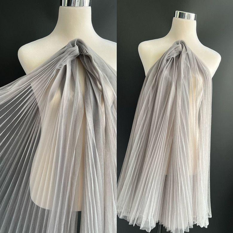 Graduated Designer Handmade Textured Stiff Net Yarn Pleated Fabric