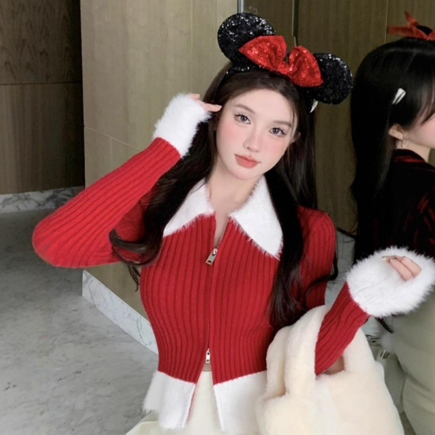 

Sweet Spice Black Short Polo Neck Knitted Cardigan Women s Hair Neck Zipper Sweater Slim Fit Bottom Top one size fits all червоний