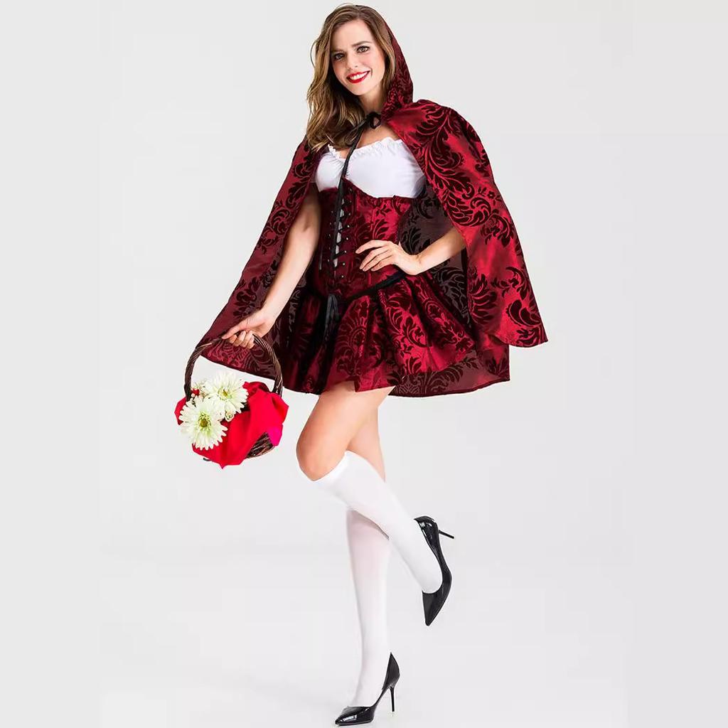Halloween gothic print Little Red Riding Hood costume, medieval cape vampire cos party outfit