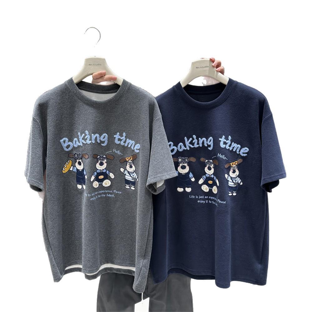 Extra Large Embroidery Dog Thickened Brushed Short Sleeve Women's T-shirt