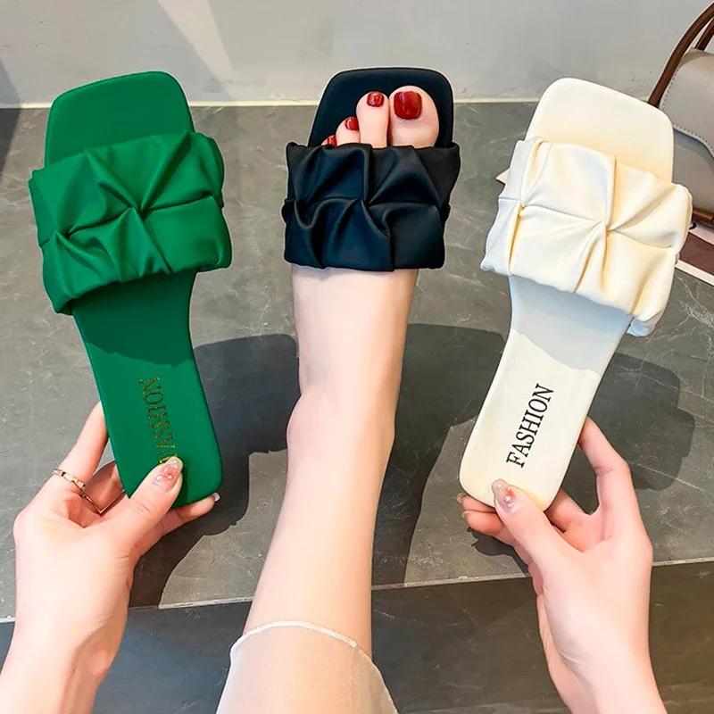Summer Slippers for Women Flip Flops Flats Pleated Korean Slippers Women Sandals Green Slip On Shoes Big