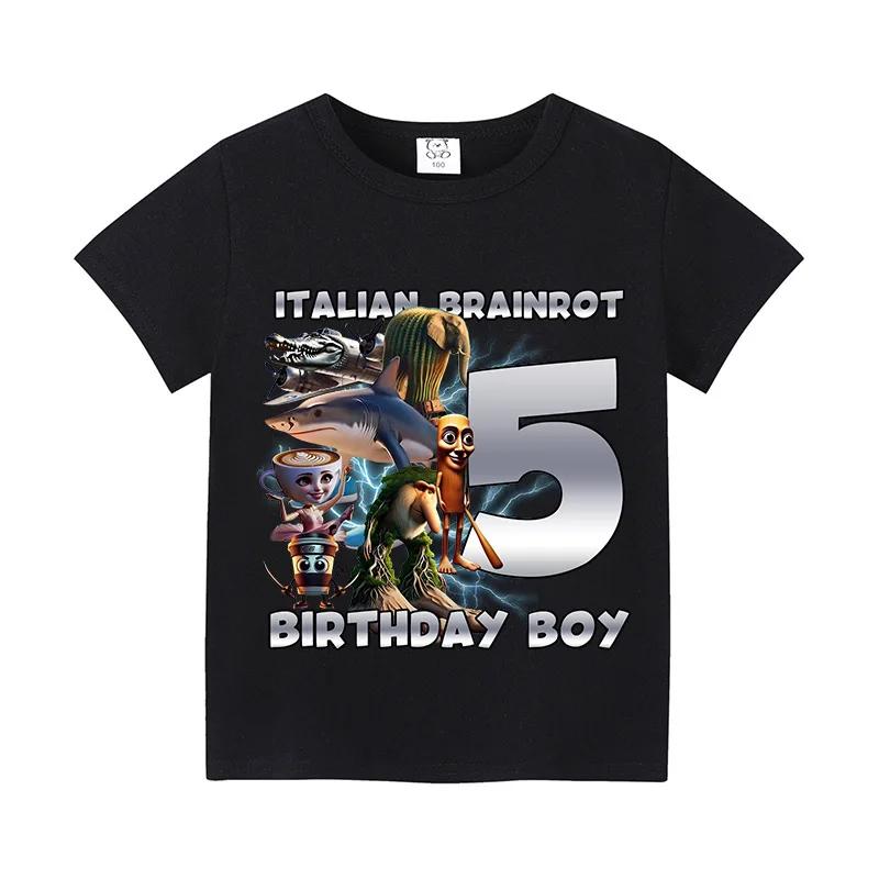 Italian Brainrot Shirts Birthday Number Short Sleeve T-Shirt Boy Cute Clothes Kid Cotton Anime Top Cartoon Digital Baby Tee Gift