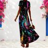 Women Plus Size V Neck Short Sleeve Abstract Leaf Print Long Dress