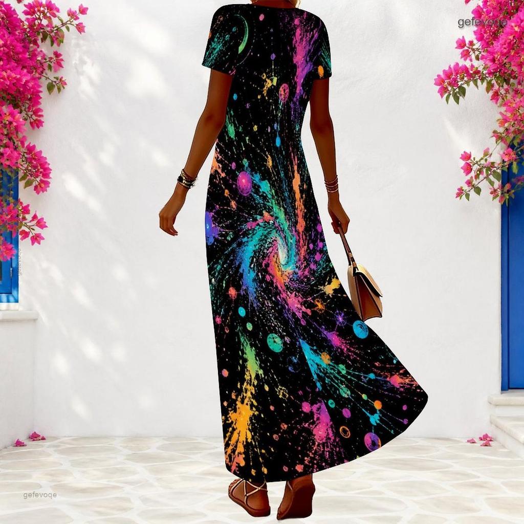 Women Plus Size V Neck Short Sleeve Abstract Leaf Print Long Dress