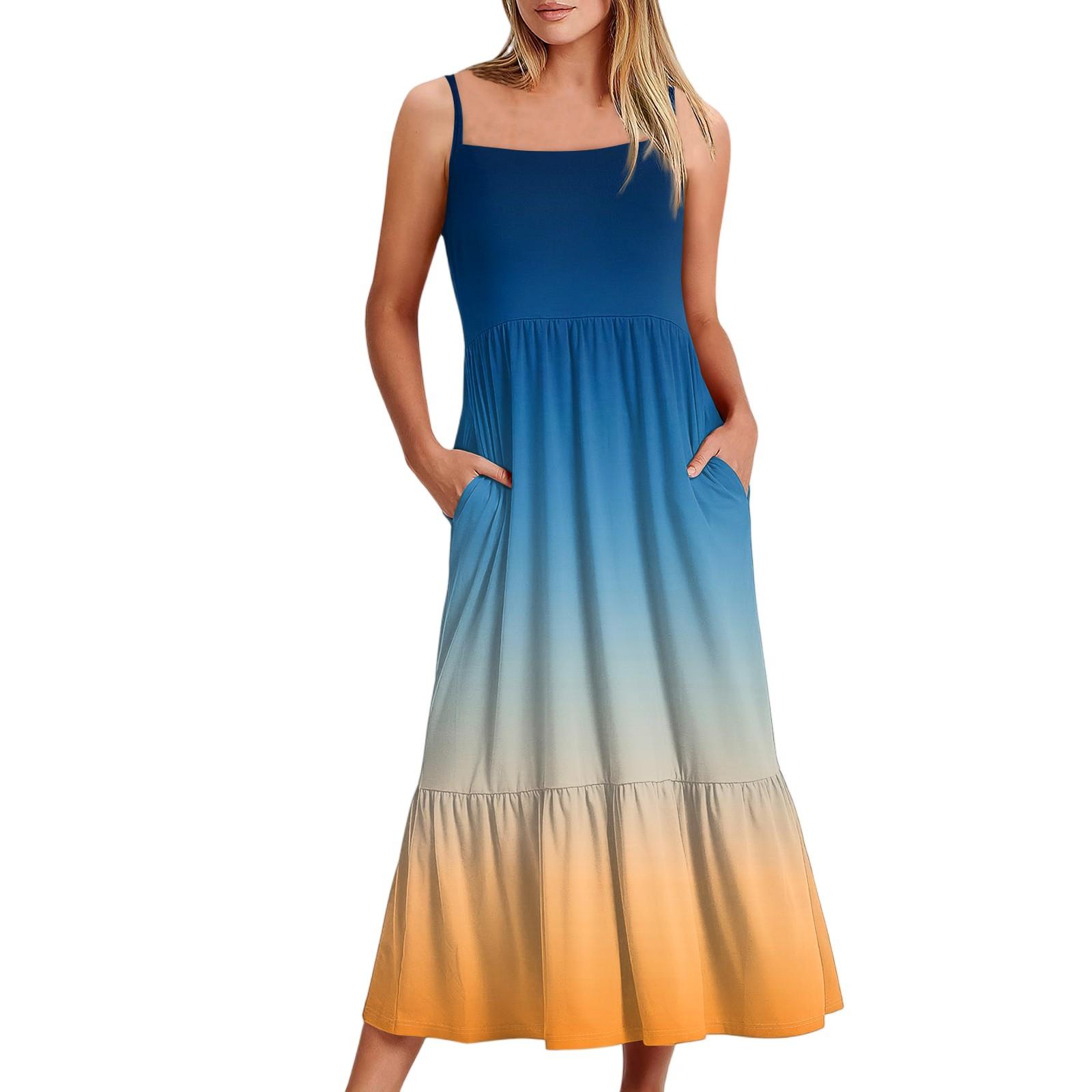 

Женское длинное пляжное повседневное элегантное платье макси на тонких бретельках, сдержанное струящееся платье в стиле бохо с градиентным цветом XL тёмно-синий