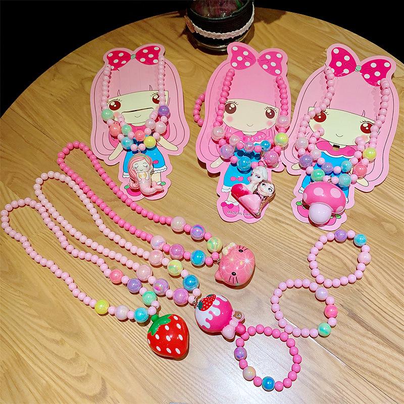 Princess Cartoon Jewelry Set for Girls: Necklace, Ring, Bracelet with Luminous Crystal Beads