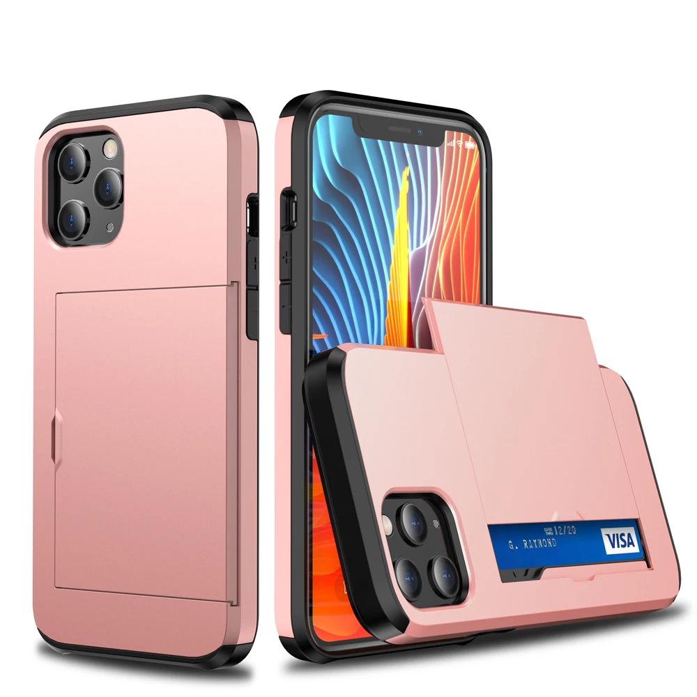 Armor Slide Card Case For iPhone 15 14 13 Pro Max 12 Mini 11 12 Pro Max XS Max XR X Card Slot Holder Cover Wallet Slide Cover