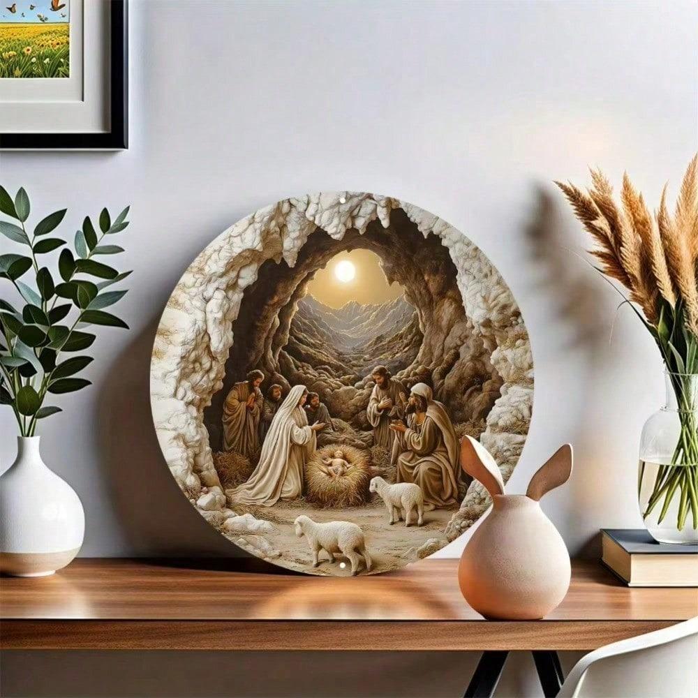 Metal Nativity Scene Christmas Wall Art Round Aluminum Decor Home Gift