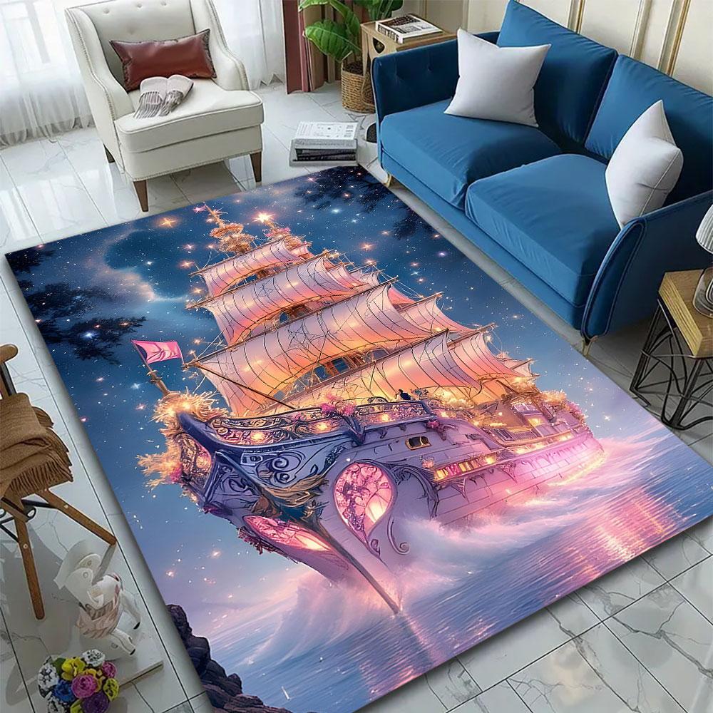 Fantasy Ship Sailing Through Stars Patterned carpet, suitable as a non slip play mat for the living room and bedroom sofa