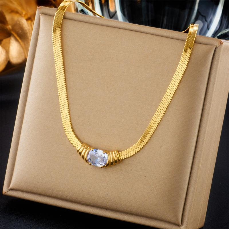 Gold Plated Herringbone Necklace with Emerald Green Oval Crystal Pendant Fashion Jewelry for Women