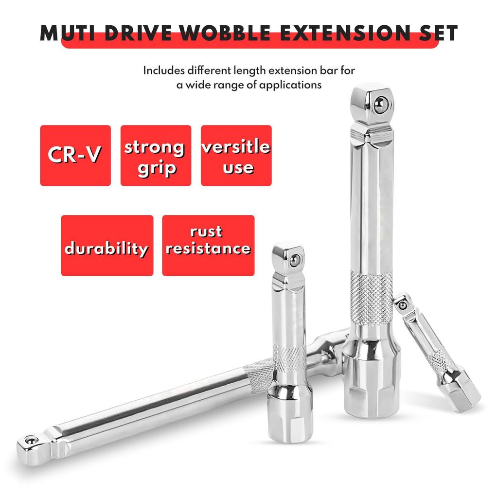 9Pcs Wobble Socket Extensions Set, Ratchet Extensions 1/4" 3/8" 1/2", Wobble Extensions, Drive Socket Extension Length Bar Set