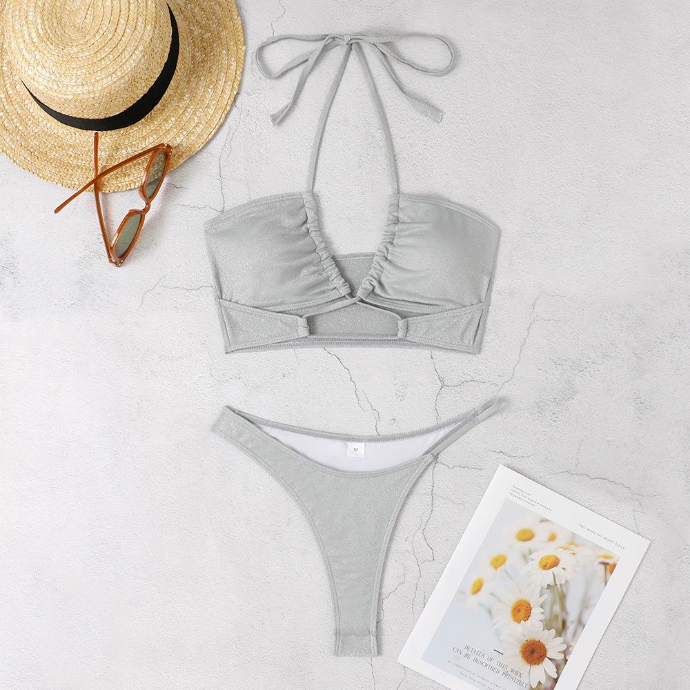 

European & American Style Gray Bandage Backless Bikini Swimwear for Women M