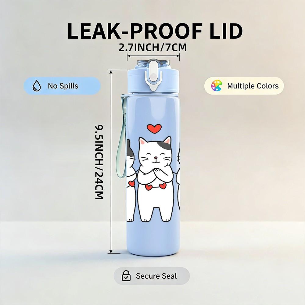 1PC Three Love Heart Cats Cartoon 750ml Color Plastic Sports Water Bottle Leakproof Flip Straw Lid Suitable for Sports Office Home Use