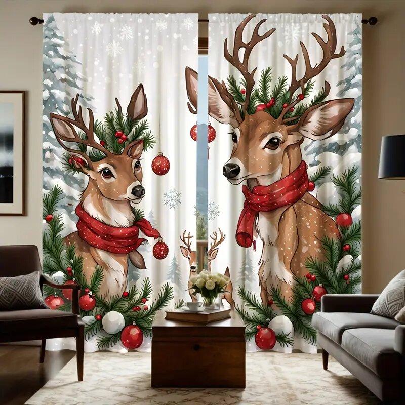 2 Pcs Christmas Elk Print Curtains,Suitable For Bedroom,Living Room Kitchen Decoration,Home Decoration,Window Decoration