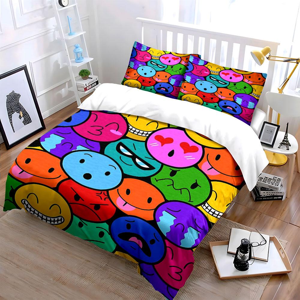 Set Biancheria da Letto con Faccine Emoji Colorate Copripiumino Copripiumino Federe (1 * Copripiumino 2 * Federe, senza piumino)