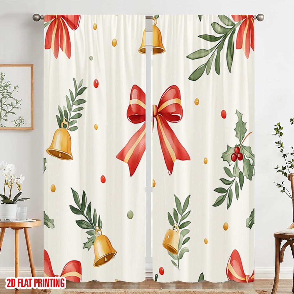 2pcs,2D Plane Printing Window Curtain Christmas Bells Holly Berries Baubles (3) Durable Polyester (without Rod) Decorations