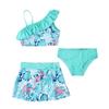 Kids Girls 3 Piece Asymmetric Swim Set Ruffle Trim Floral Print Crop Tops Skirt Briefs Beach Pool Bathing Suit