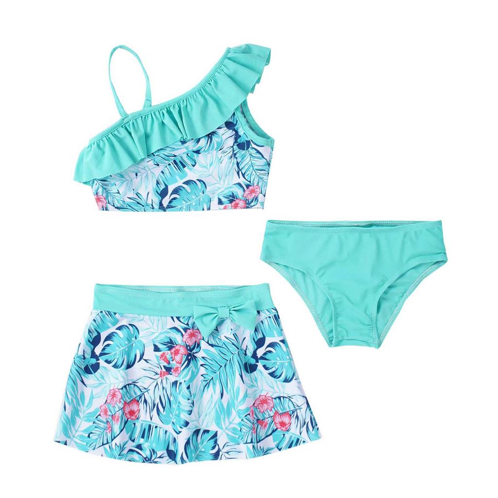 Kids Girls 3 Piece Asymmetric Swim Set Ruffle Trim Floral Print Crop Tops Skirt Briefs Beach Pool Bathing Suit
